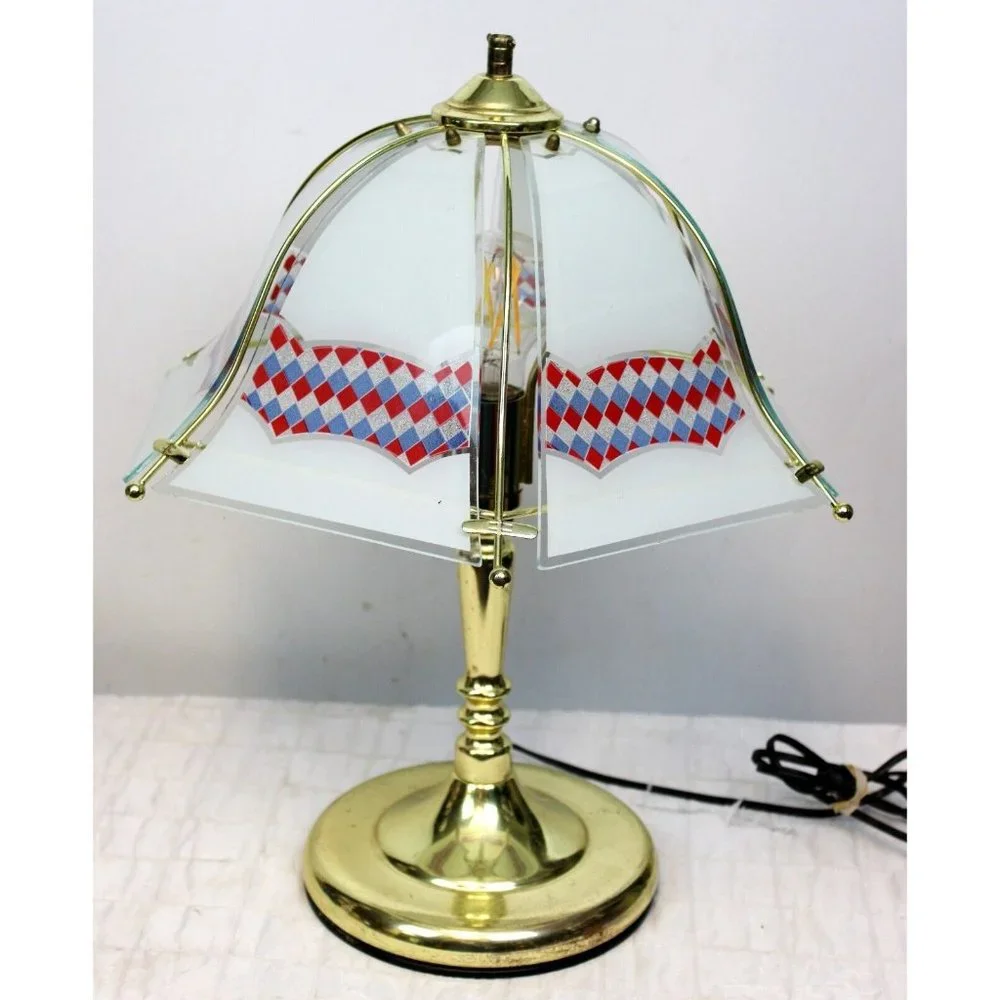 Vtg 1990s White Reverse Printed Checkered Gold Colored Bell Touch Lamp Red White